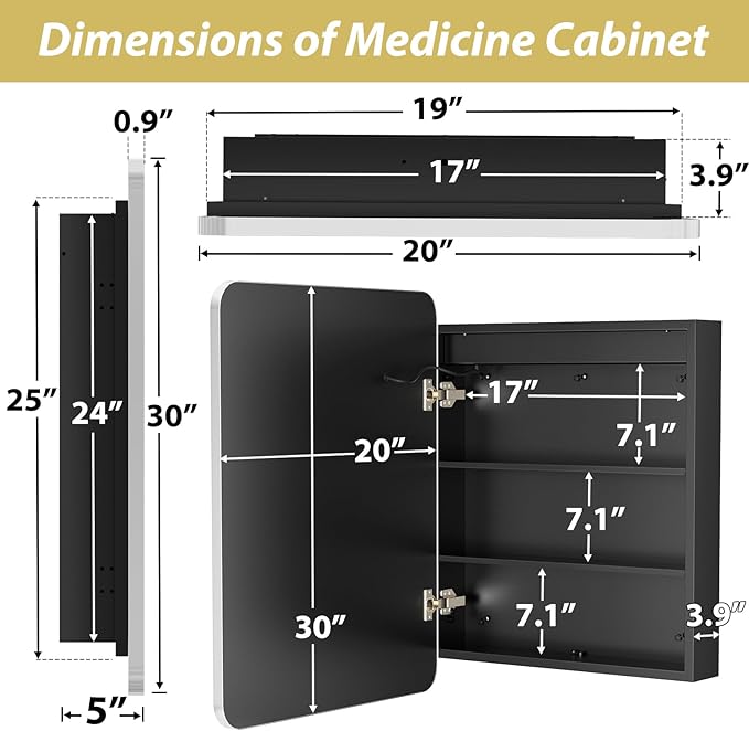 APRILSOUL 20x30 Inch Lighted Bathroom Medicine Cabinet with Mirror, Silver Recessed or Surface Mount Medicine Cabinet Mirror with Storage and LED Lights, 3 Colors Temperature, Dimmable Light