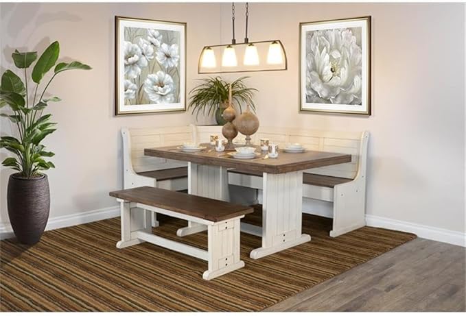 Pemberly Row Dining Set Wood, Rectangular in Off White (36" H x 75" W x 56" D) for Kitchen, Dining Room with Table, Reversable Benches, and Storage Space