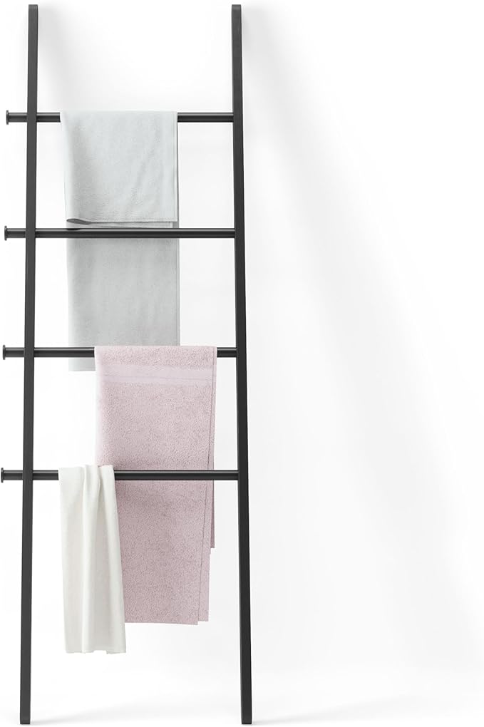 Umbra Leana Decorative Ladder, Expandable Blanket Rack, Bathroom Towel Holder, and Clothes Organizer, Regular, Black