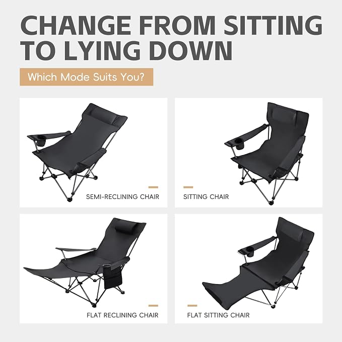 Camping Chairs Zero Gravity Recliner Chair with 4-in-1 Adjustable - Portable Folding Recliner with Cup Holder & Side Pocket, Detachable Footrest for Patio, Beach, Lawn, No Assembly - Black