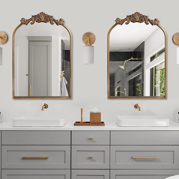 OUSHUAI Gold Traditional Vintage Ornate Baroque Mirror,Gold Brass Mirror for Wall,Victorian Antique Bronze Mirrors Arched for Bathroom/Living Room/Hallway/Fireplace 19"X27"