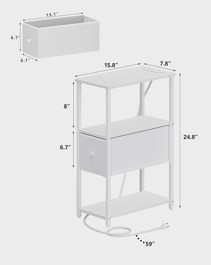 TUTOTAK Small Narrow End Table with Charging Station, Set of 2, Side Table with Outlets, Nightstand with Cloth Drawer, Couch Table, for Living Room, Bedroom, Bedside, White TB01BW058