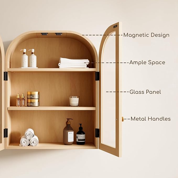 Fatmok Set of 2 Arched Bathroom Wall Cabinets with Glass Doors – Over-The-Toilet Storage Cabinet with Adjustable Shelf, Wood Floating Medicine Cabinet for Bathroom, Laundry Room, Kitchen, Natural Wood