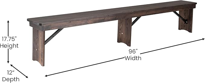 Flash Furniture HERCULES 8' x 12" Solid Pine Folding Farm Bench in Antique Rustic Mahogany