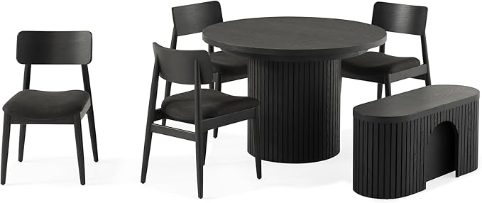 Transformer Table - Solid Wood Extendable Round Dining Table Set with Bench and 4 Chairs, Seats 4-10, Extendable Round Dining Set, Black (Table + Bench + 4 Chairs)