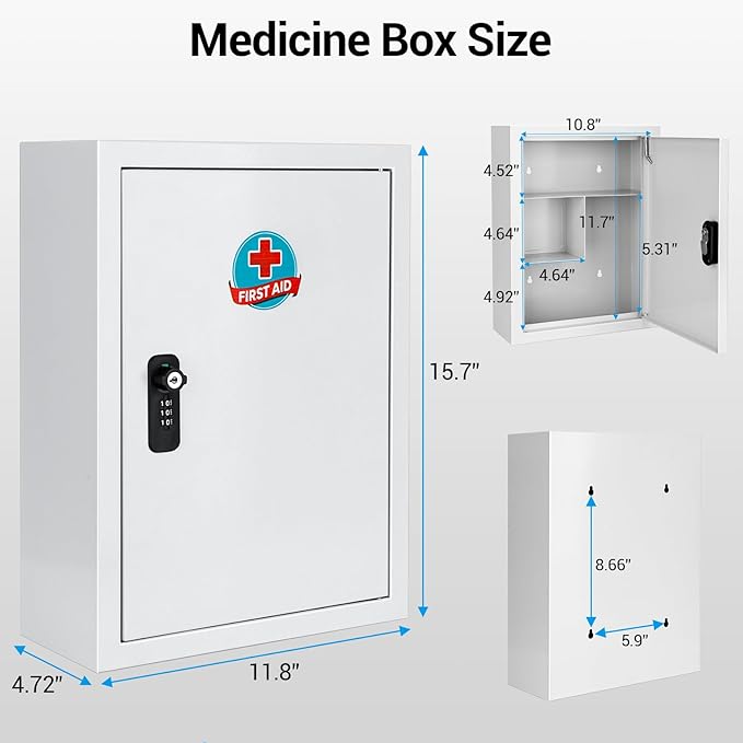 Wall Mounted Metal Medicine Cabinet with Key Lock, First Aid Medication Storage Box, White