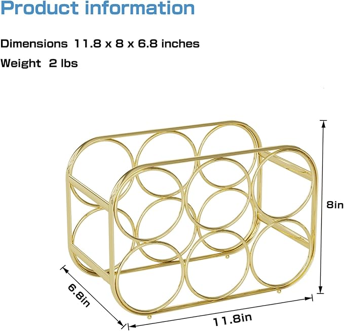 Buruis 6-Bottle Wine Rack, Modern Metal Countertop Wine Holder Stand for Kitchen, Pantry & Cabinet Storage, No Assembly Required, Gold