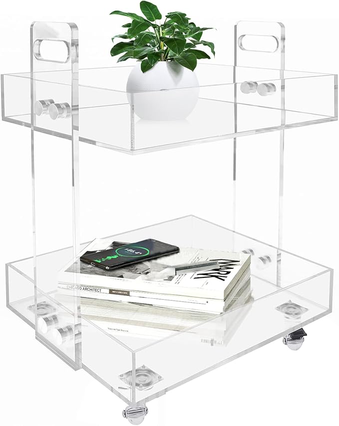 2-Tier Acrylic Cart Clear Acrylic Rolling Nightstand on Wheels Modern Side/End for Bedroom Bedside for Home Small Spaces Dining Room Tea Wine Holder Serving Cart Furniture