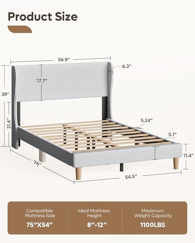 Bestier Full Bed Frame with Wingback Headboard,Upholstered Platform Full Size Bed with Strong Wooden Slats,No Box Spring Needed,Never Squeaks,Easy Assembly,Light Grey