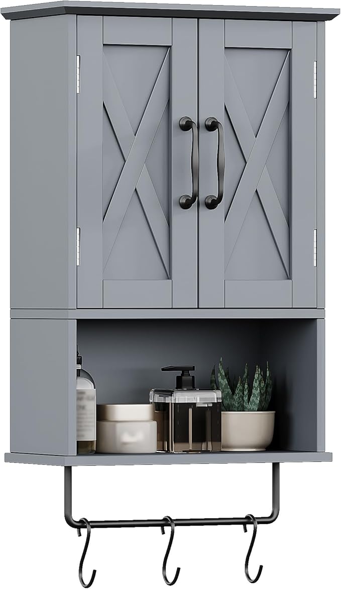 ChooChoo Farmhouse Medicine Cabinet, Bathroom Wall Cabinet with Adjustable Shelf, Towel Bar, 3 Hooks, Over The Toilet Storage Cabinet for Bathroom, Kitchen, Grey