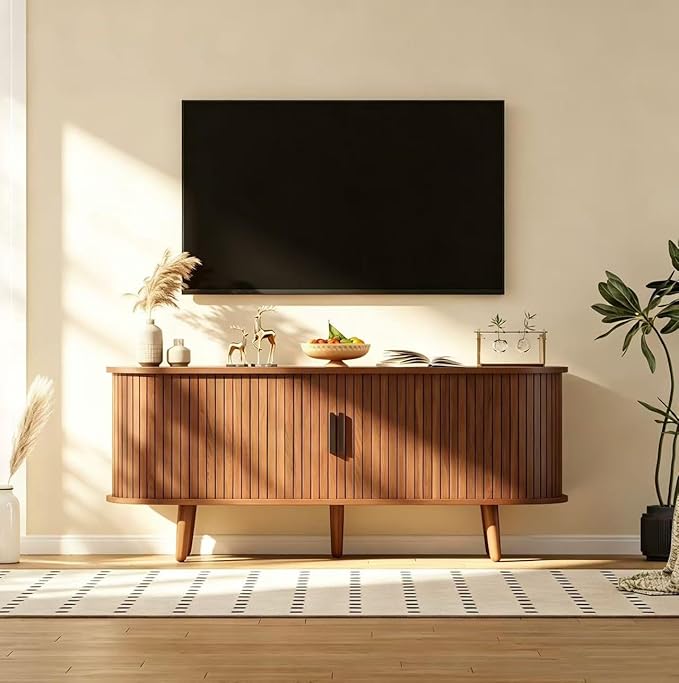 Mid Century Modern TV Stand, 47.2" Media Console Entertainment Center with 4 Storage Compartments & Sliding Doors, Bedroom TV Cabinet for ups to 55 Inch Tvs (Walnut)
