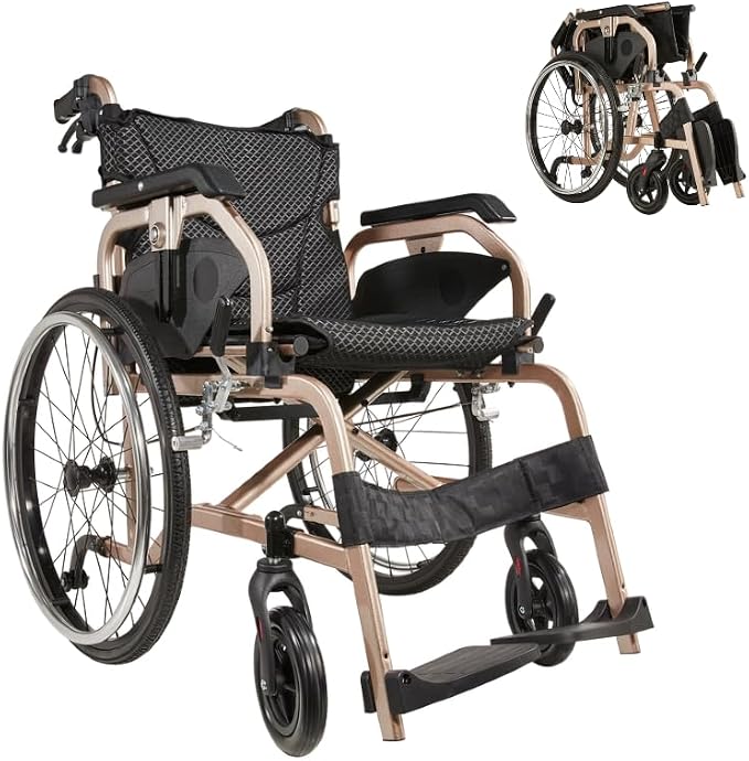 Lightweight Foldable Wheelchair for Adults - Aluminum Frame with Square Tube Design, 18" Seat & 22" PU Wheels, Front/Rear Locking Brakes, Champagne Gold