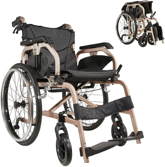 Lightweight Foldable Wheelchair for Adults - Aluminum Frame with Square Tube Design, 18" Seat & 22" PU Wheels, Front/Rear Locking Brakes, Champagne Gold