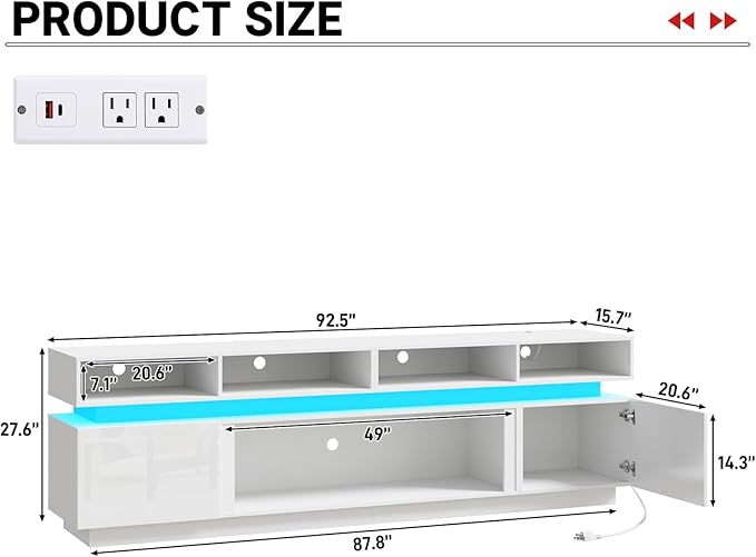 chartustriable LED TV Stand for 100 Inch TV, Modern Tall Entertainment Center with Power Outlets, High Gloss TV Stand, Gaming TV Media Console for Living Room, 93 Inch, White