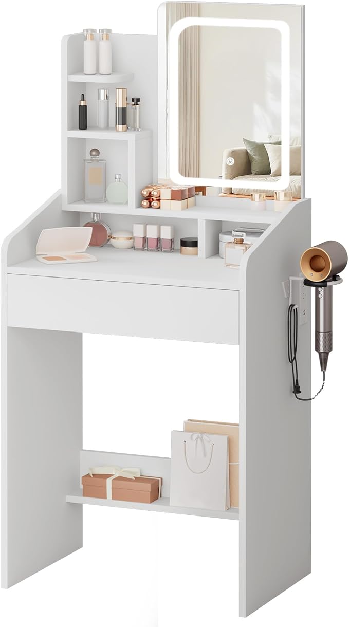 LIVELYGLOW Small Vanity Set with Lighted Mirror & Power Station, 24" Modern White Makeup Desk with Storage Stool, HairDryer Rack, Smart LED 3-Color Lighting, Compact Dressing Vanity for Bedroom
