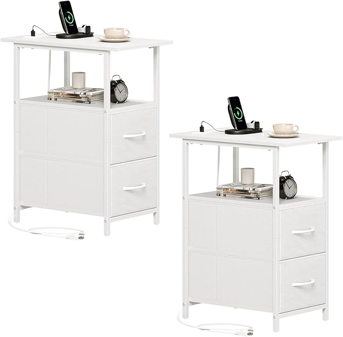 Somdot End Table Set of 2 with Charging Station, Narrow Side Table with 2 Fabric Drawers, Skinny Nightstand with Storage, Small Slim Bedside Table for Living Room, Sofa, Bedroom, Couch, White