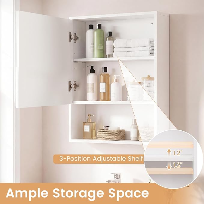 Giantex 24"x18" Medicine Cabinet with Mirror and Lights, Recessed or Wall Mounted LED Bathroom Wall Cabinet, Modern Storage Organizer with 3 Color Lights and Adjustable Shelf (White)