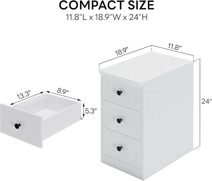 LIKIMIO Nightstand with Charging Station, Narrow Bedside Table with 3 Drawers, End Table with USB Ports and Outlets, Side Table for Living Room/Bedroom Modern