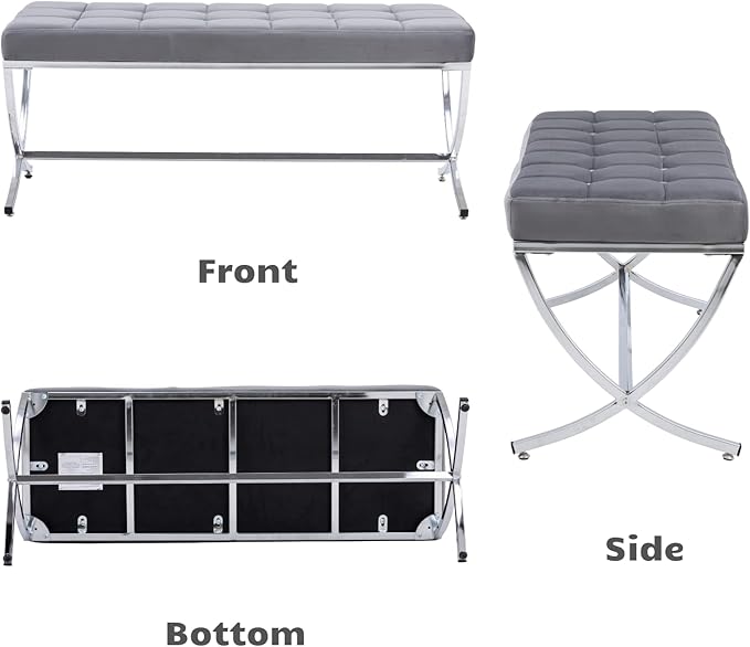 HEAH-YO Modern Dining Bench for Table, Button Tufted Ottoman Bench with Metal Legs, Upholstered Velvet Fabric Footstool for Living Room Entryway, Grey