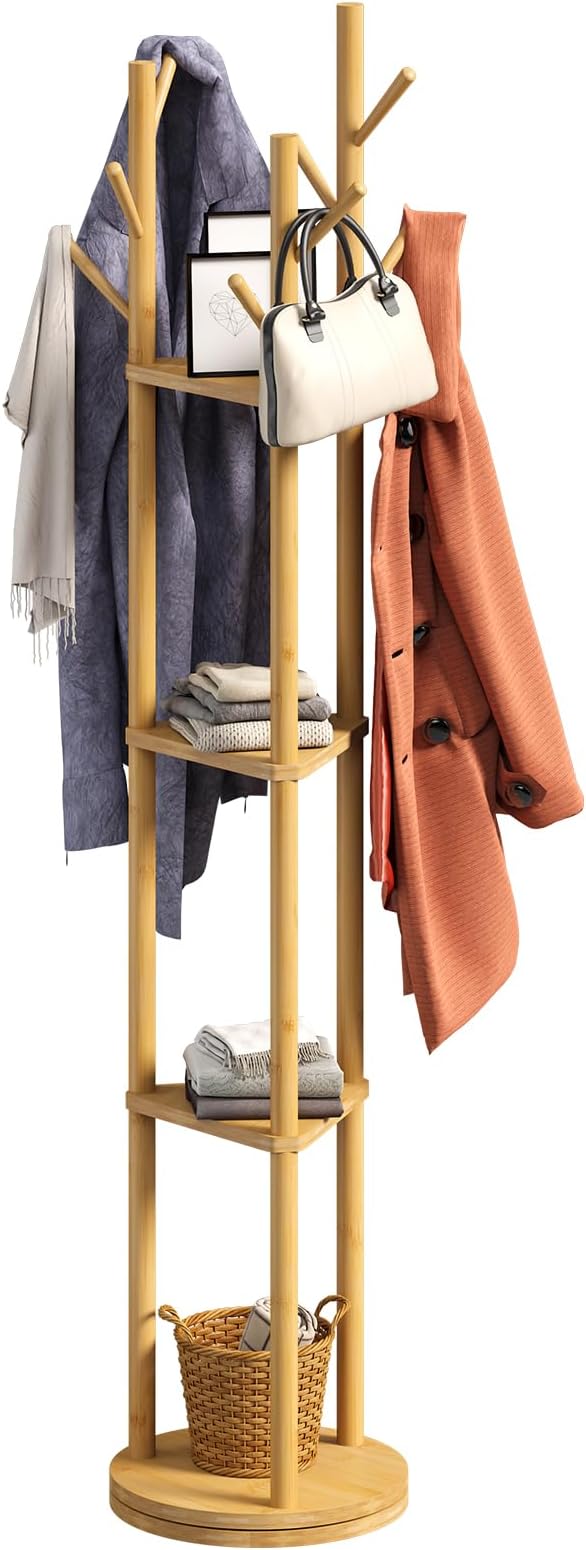 Rotating Coat Rack, Freestanding Coat Rack with 3 Shelves and 9 Hooks Clothes Organizer Coat tree for Bedroom, Entryway, Livingroom (Natural)