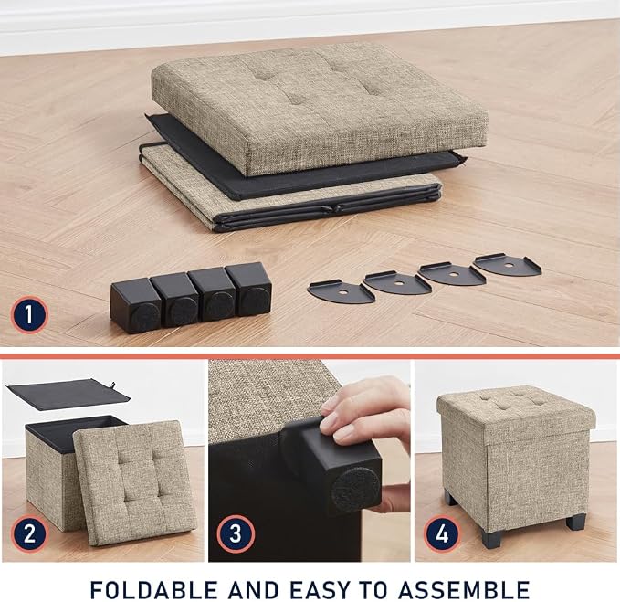 Ornavo Home 15 Inch Folding Storage Ottoman with Storage, Square Cube Linen Small Storage Ottoman Foot Rest Stool with Legs - Tan/Taupe