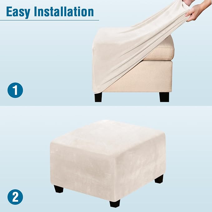 H.VERSAILTEX Ottoman Slipcover Square Footstool Protector Covers Storage Stool Ottoman Covers Stretch with Elastic Bottom, Feature Real Velvet Plush Fabric, Ivory