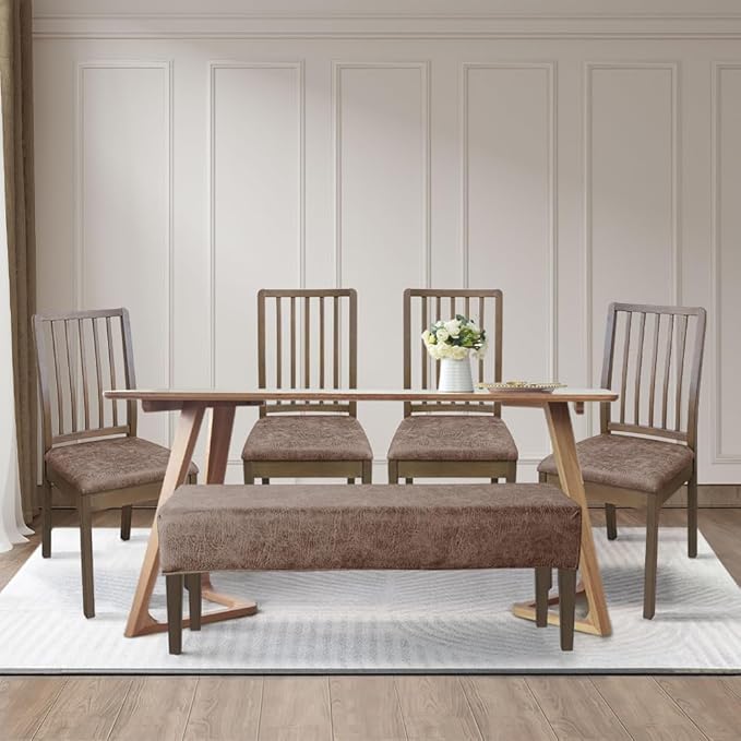 FORCHEER Dining Room Chair Seat Covers Set of 4 with 1 PC Bench Cover Set Faux Leather Fabric Anti-Dust Removable Seat Protector for Dining Room- 4 PCS Chair Cover+1 PC Bench Cover(Khaki)