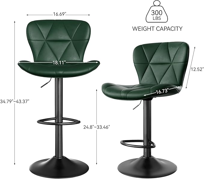 Nalupatio Modern Bar Stools Set of 3, Adjustable Faux Leather Upholstered Swivel Bar Stools, Counter Height Bar Chairs with Back for Kitchen Island, Green