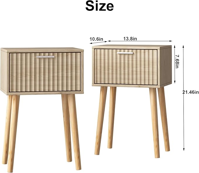 LAATOOREE Nightstands Set of 2, Small Side Table, Bedside Table with Fluted Door, Solid Wood Feet; Modern Mid-Century End Table for Bedroom, Small Space (Natural)