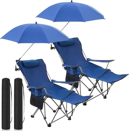 Yuntau 2 Set Reclining Beach Chairs with UPF 50+ Umbrellas Shade, Upgraded Heavy Duty Portable Folding Lounge Camping Chair with Canopy Removable Footrest & Headrest for Outdoor Patio(Blue)