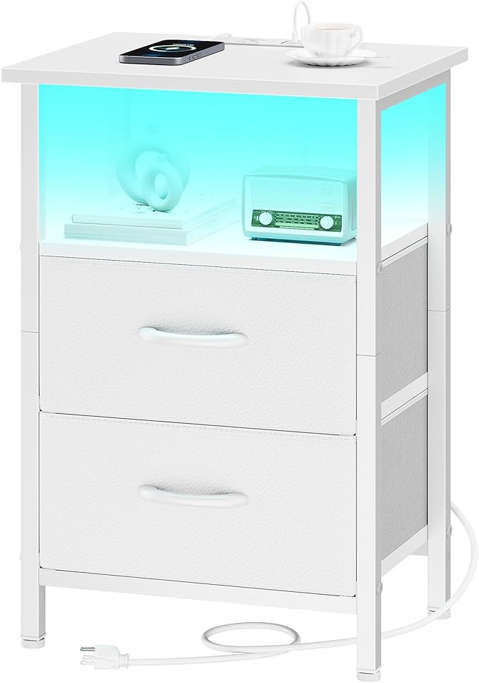 Vagusicc White Night Stand with Charger Station, LED Nightstand with 2 Fabric Drawers, Bedside Table with USB Ports and Outlets, Bed Side Tables with Storage Shelf, 24.2" Tall Nightstand for Bedroom