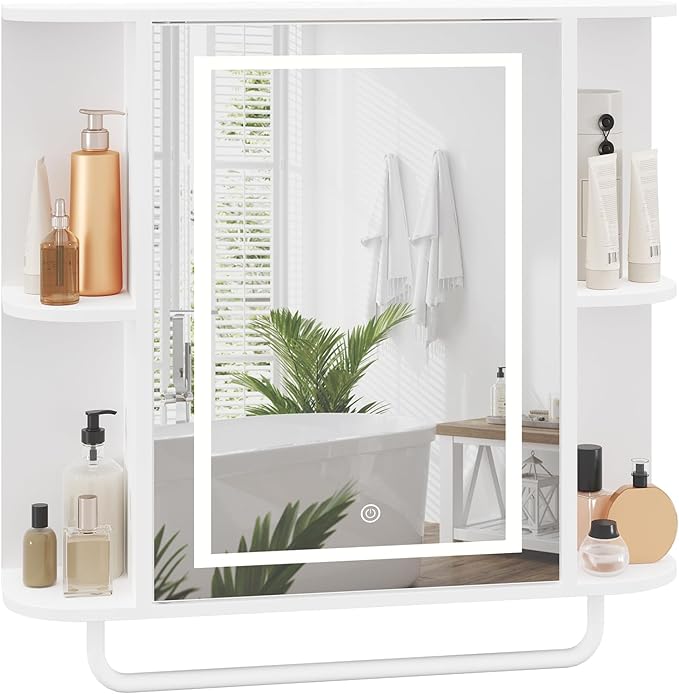 MAHANCRIS Bathroom Wall Cabinet with Mirror, Mirrored Medicine Cabinet with 3 Colors LED Light and 4 Open Shelves, Wall Mounted Storage Cabinets with Adjustable Shelf, 24.7"L x 6.7"W x 26.7"H, White