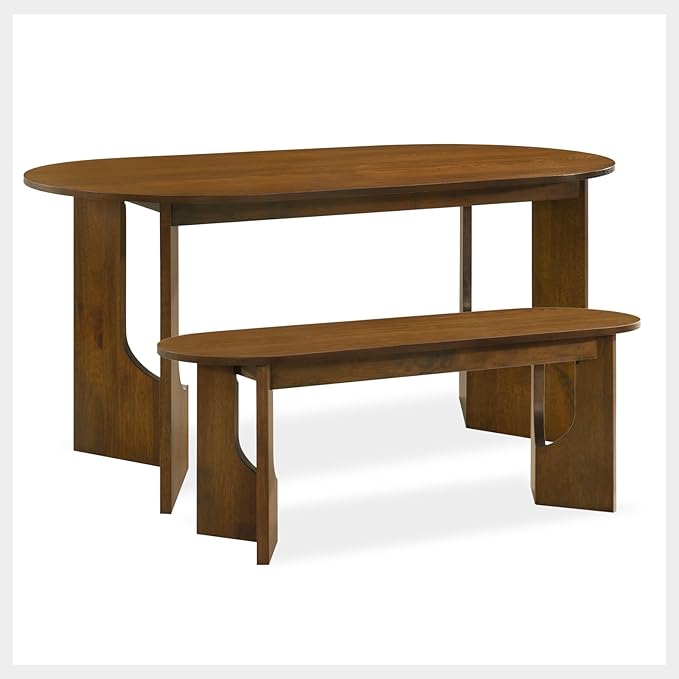 VESCASA 63" L Oval Dining Table with 47.25" L Benches Set, Walnut Wood Kitchen Table with Wooden Legs Bench, Kitchen Set for Dining Room, Restaurant, 1 Table with 2 Benches