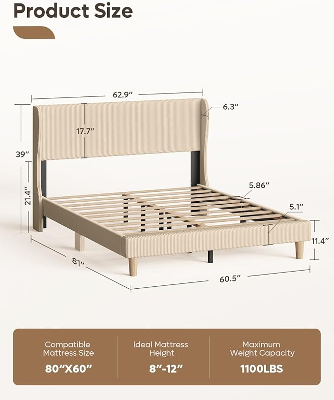 Bestier Platform Queen Size Bed Frame with Wingback Headboard,Upholstered Queen Bed with Strong Wooden Slats,No Box Spring Needed,Never Squeaks,Easy Assembly,Taque