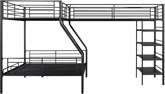 Bellemave Triple Bunk Beds, L-Shape Twin Over Full Bunk Bed Attached a Loft Bed with Desk, Triple Bunk Beds with Slide, Metal Corner Bunk Bed Frame for Three Kids Boys Girls Teens, Antique Black