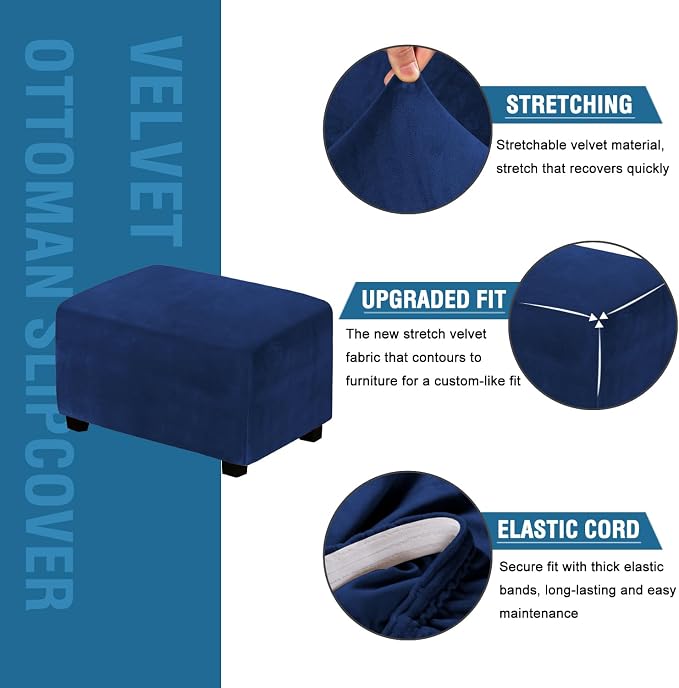 H.VERSAILTEX Real Velvet Plush 1 Piece Form Fit Stretch Rectangle Folding Storage Covers Ottoman Slipcovers Removable Footstool Protect Footrest Covers Elastic Bottom, Machine Washable(X-Large, Navy)