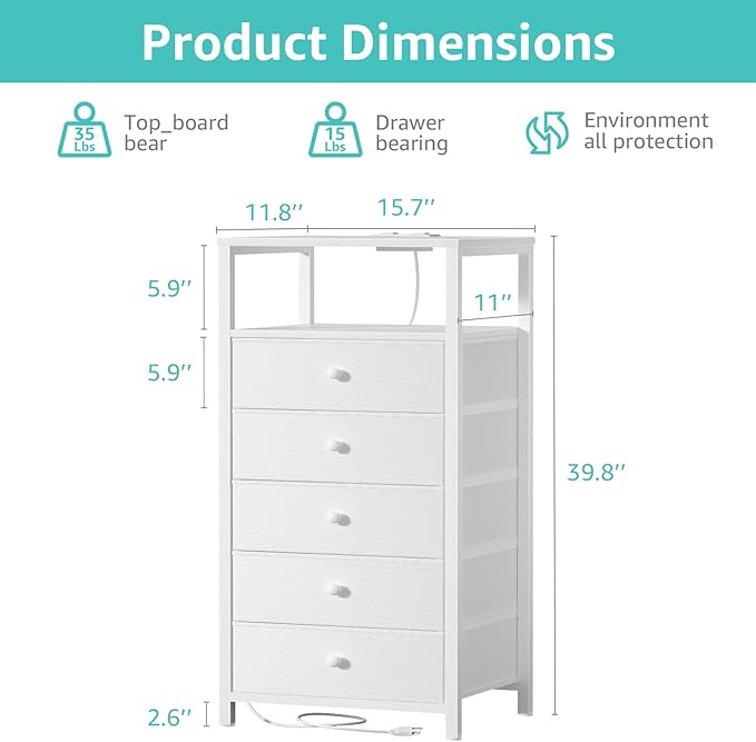 BOLUO White Dresser with 5 Drawers Tall Nightstand with Charging Station and LED Light, Bedside Table Room Storage Drawers Closet