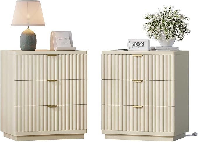 Nightstands Set of 2, Nightstand with Charging Station & 3 Drawers Storage Bedside Table Large Fluted Bed Side End Table, Modern Nightstand for Bedroom Living Room (Beige)