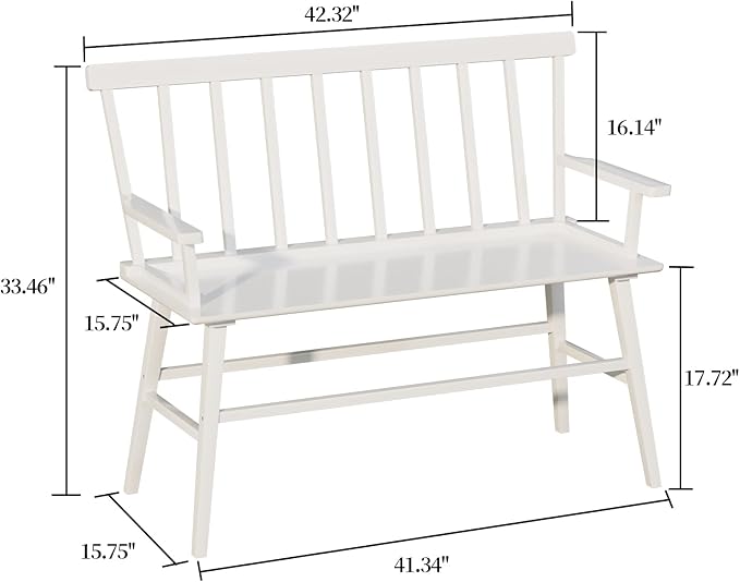 Dining Bench for Kitchen & Dining Room – Bamboo Wood Bench with Spindle Back & Armrests, Farmhouse Entryway Bench, Indoor Bedroom Bench, Versatile Entry Bench & Outdoor Bench Seating（White with Arm）