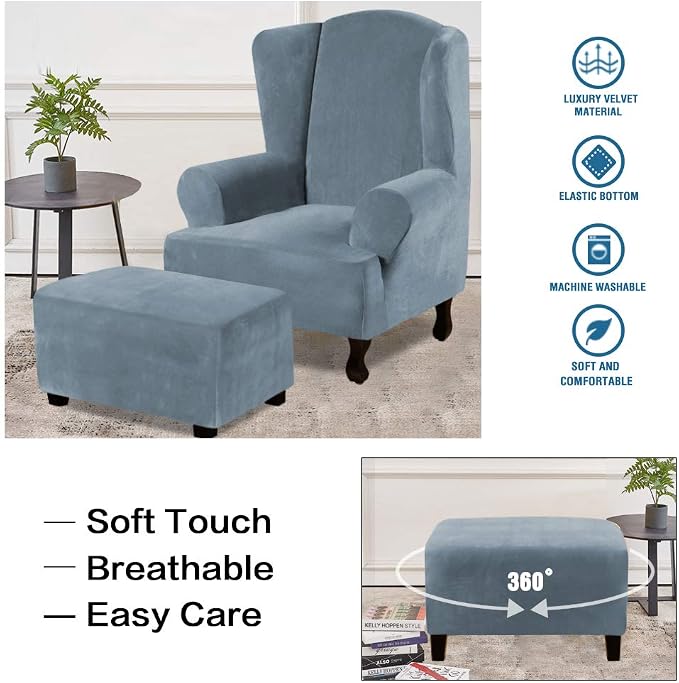 H.VERSAILTEX Real Velvet Plush 1 Piece Form Fit Stretch Rectangle Folding Storage Covers Ottoman Slipcovers Removable Footstool Protect Footrest Covers Elastic Bottom Washable(X-Large, Stone Blue)