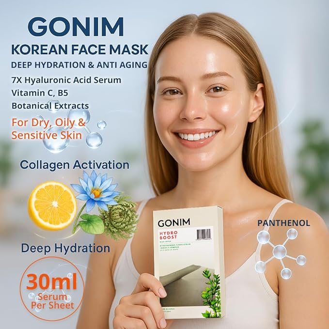 GONIM Face Mask Korean Skin Care with Hyaluronic Acid Serum & Collagen Activation, Hydrating Face Masks Skincare with Vitamin C, Moisturizing Sheet Mask for All Skin, Korean Face Mask 10 Sheets