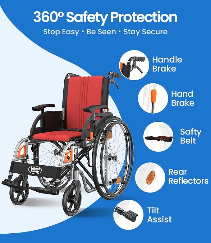 VOCIC Ultra Lightweight Wheelchair for Adults, 23lb Frame Portable Foldable Self-Propelled Wheelchairs for Seniors with Quick Release Wheels, Swing-Away Footrests,Flip-Back Arm, 300 lbs Red