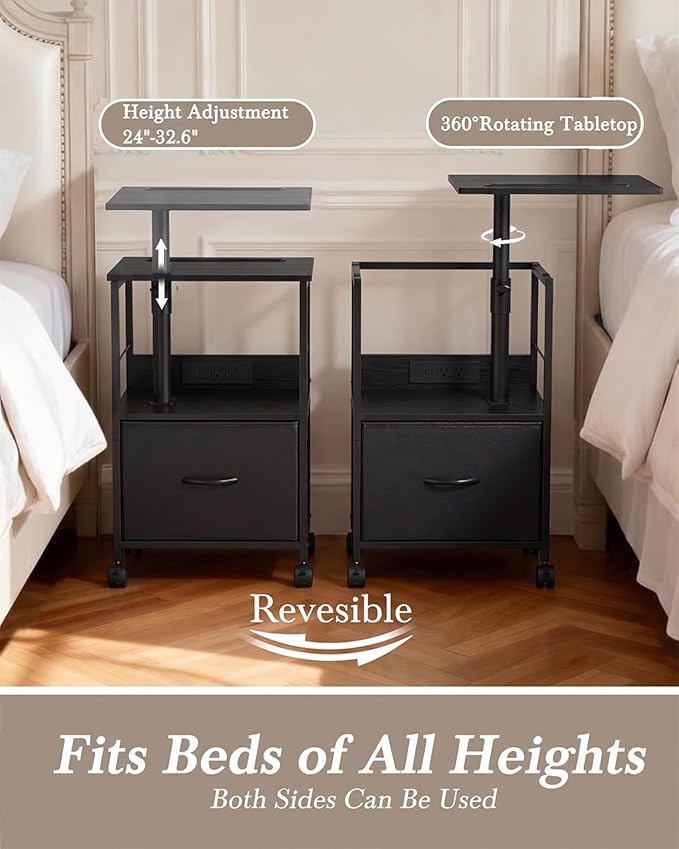 Faesun Swivel Lift Top Nightstand with Charging Station, Rolling Side Table for Recliner, Bedside Table with Wheels & a Fabric Drawer, for Small Spaces, for Bedroom, Living Room, Black