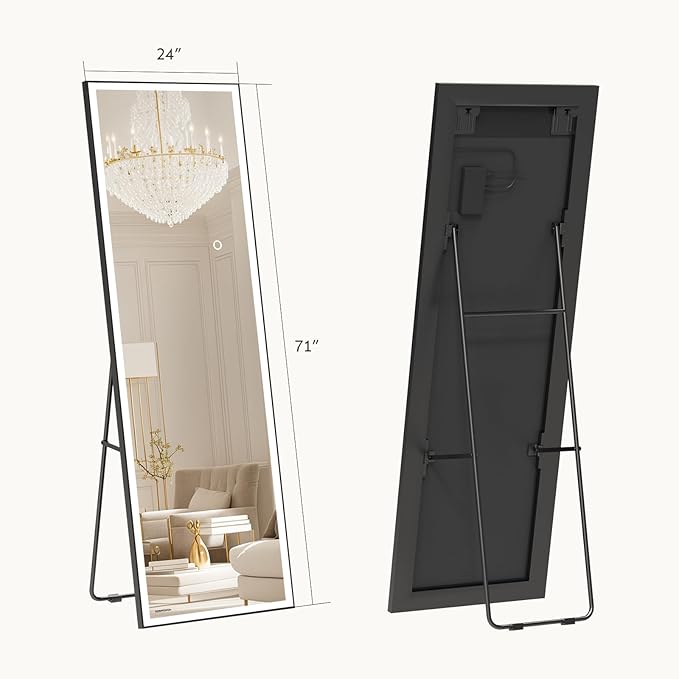 Kosmonia 71x24 Full Length Mirror, Dimmable 3 Color LED Light w/Light Memory, Distortion Free Silver Coating Mirror, HD Reflection &Anti Desilvering,Tempered Glass, Easy Setup w/Stand, Wall/Standing
