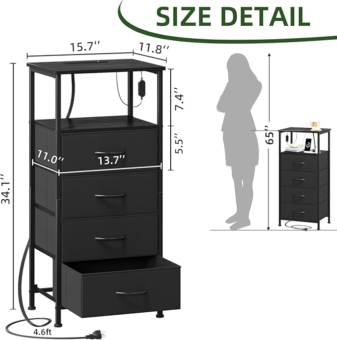 Somdot Black Nightstand with Charging Station and LED Light for Bedroom, Tall 4 Drawers Dresser with Fabric Bins for Bedside Kids Dorm Room Closet Laundry Entryway, Black
