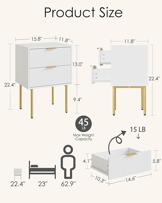 Aienvey Night Stand, Modern Nightstand with Drawers, Bedside Table, Gold Small Side Table for Bedroom, Living Room End Table (White Stripe, 2 Drawers)