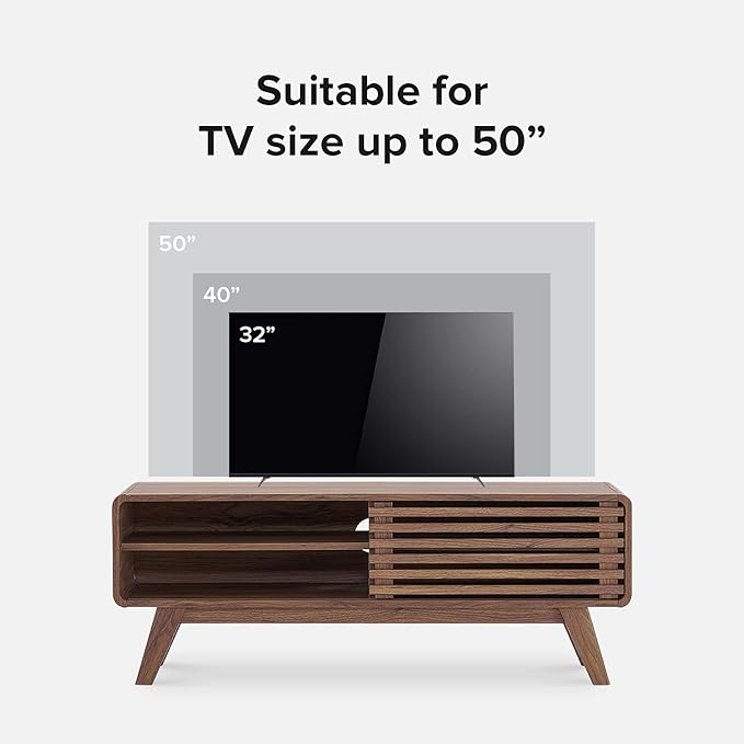 mopio Ensley 46" TV Stand with Slatted Door, Mid Century Modern Entertainment Center for 55/60/65 inch TV, Farmhouse Media Console with Storage, Adjustable Shelves, Round Edges, Living Room (Walnut)