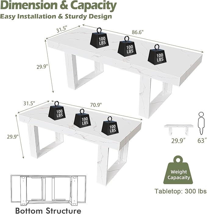STHOUYN White Marble Extendable Dining Room Table for 8 10, 70.9" (86.6") x 31.5", Rectangle Dinner Table for 6-10, Modern Expandable Retractable Kitchen Table (White)