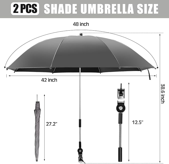 Yuntau 2 Set Reclining Beach Chairs with UPF 50+ Umbrellas Shade, Upgraded Heavy Duty Portable Folding Lounge Camping Chair with Canopy Removable Footrest & Headrest for Outdoor Patio(Grey)