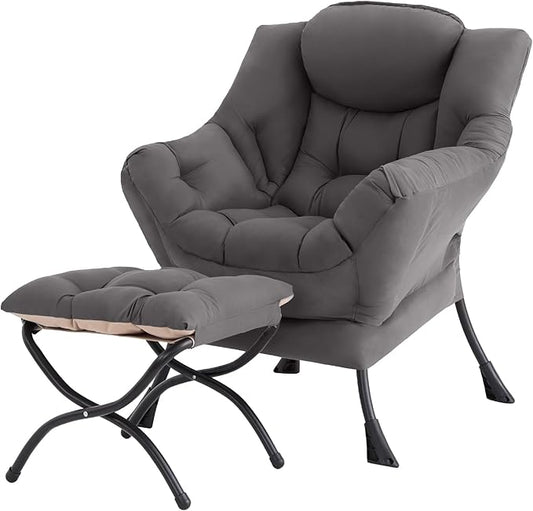 Tiita Modern Large Accent Chair with Ottoman, Comfy Leisure Sofa Armchair with Footrest, Reading Chair for Bedroom, Living Room, Dorm Rooms, Garden Dark Grey